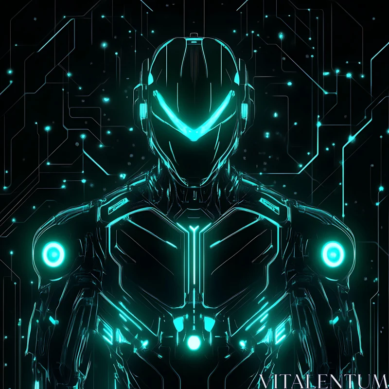 Cybernetic Robot with Neon Blue Patterns AI Image