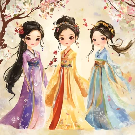 Three Anime Girls in Pastel Dresses