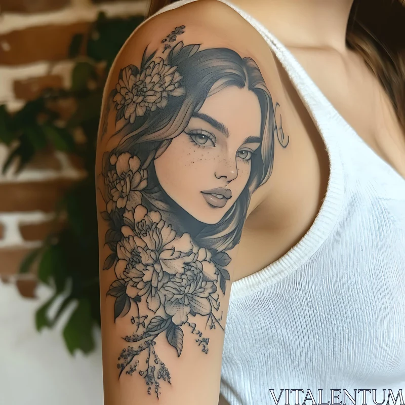 Intricate Woman's Portrait and Flowers Tattoo AI Image