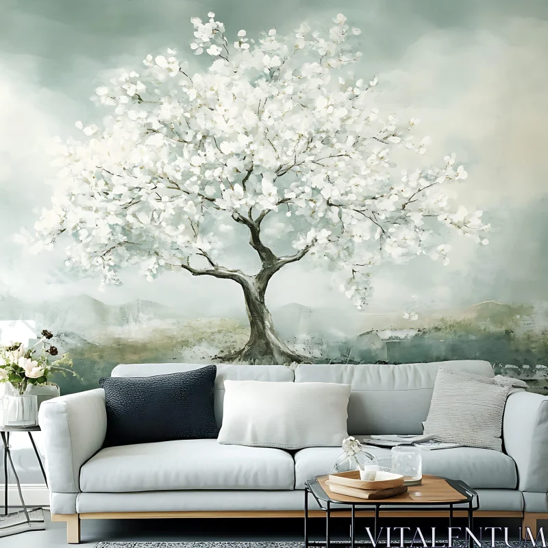 AI ART Peaceful White Tree in Bloom Background