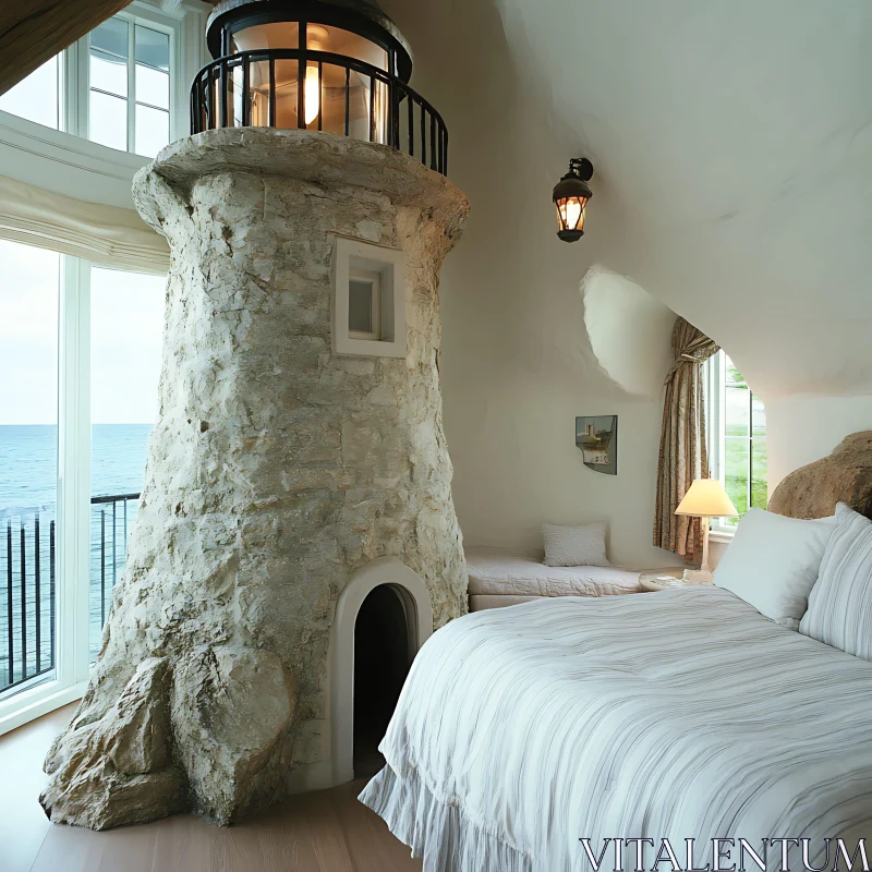 Coastal Bedroom with Lighthouse Feature AI Image