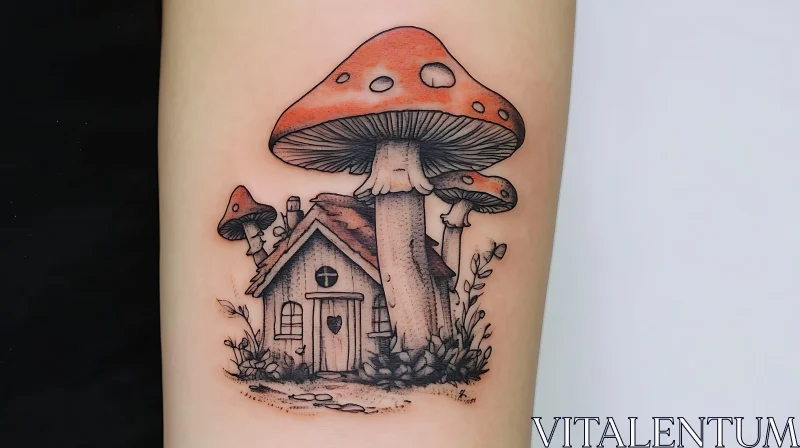 Whimsical Cottage Under Giant Mushrooms Tattoo AI Image