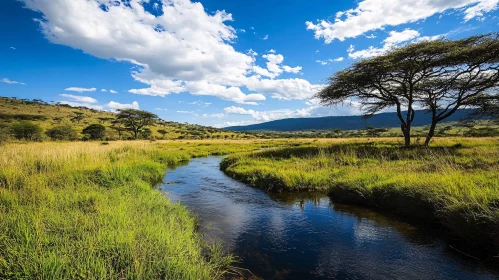 Tranquil Savanna with Flowing River and Trees