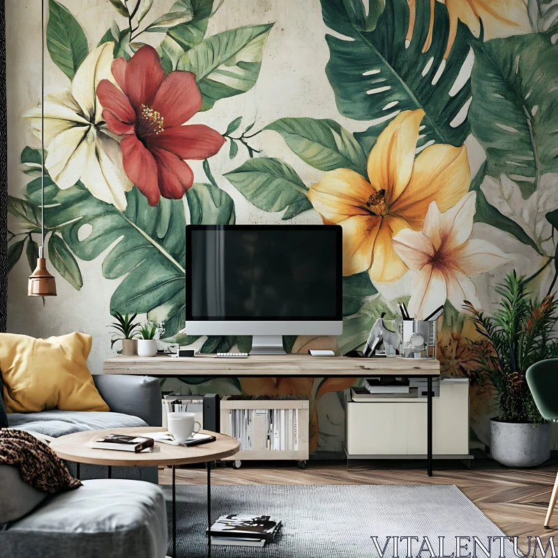 AI ART Floral Wallpaper Home Office