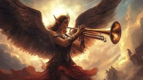 Winged Angel Playing Trumpet in the Sky