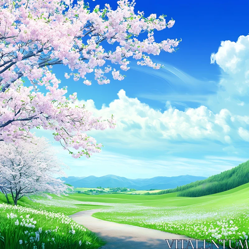 AI ART Spring Blossom Landscape with Winding Path