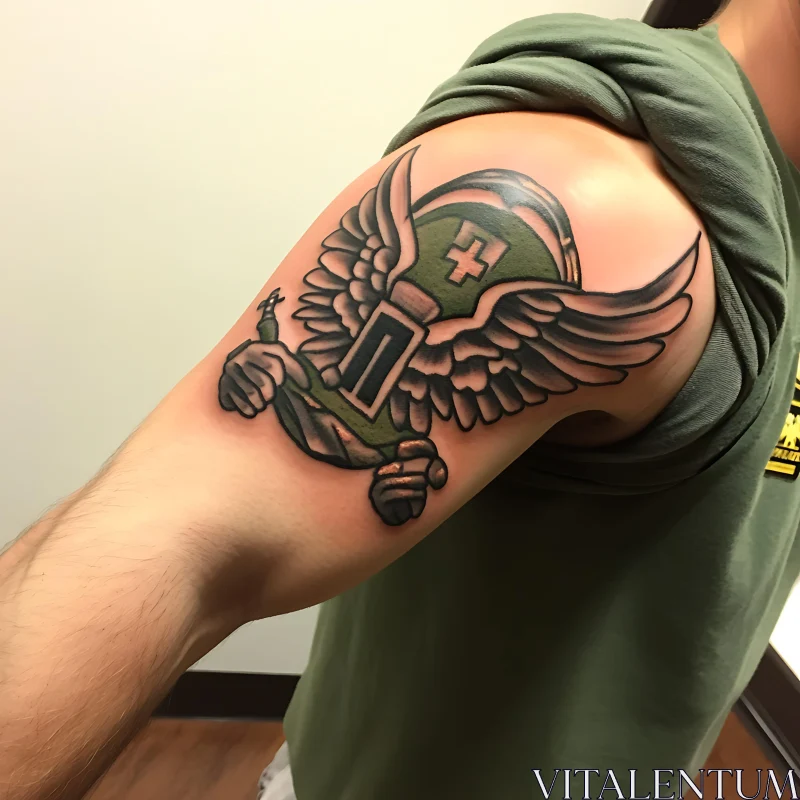 Arm Tattoo Featuring Helmet with Wings and Cross AI Image