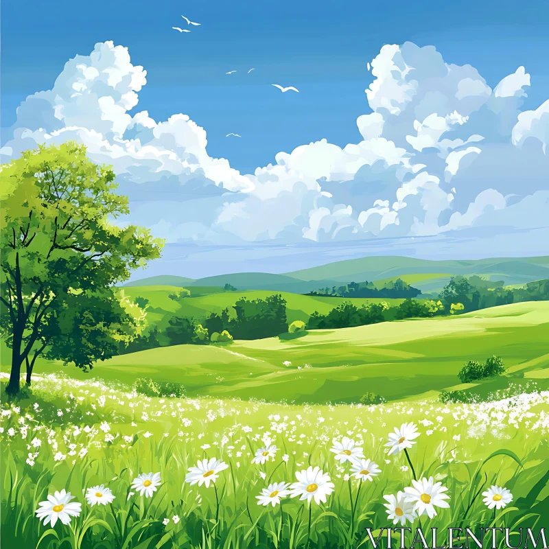 Scenic Field of Flowers Under Blue Sky AI Image