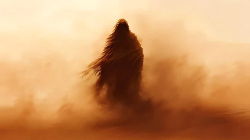 Mysterious Cloaked Figure in Desert Landscape