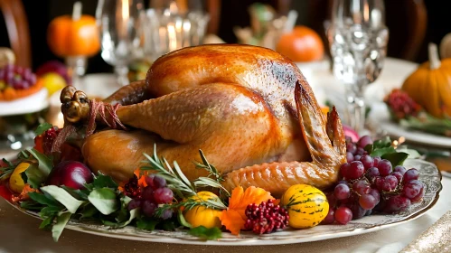 Festive Thanksgiving Turkey with Grapes and Pumpkins