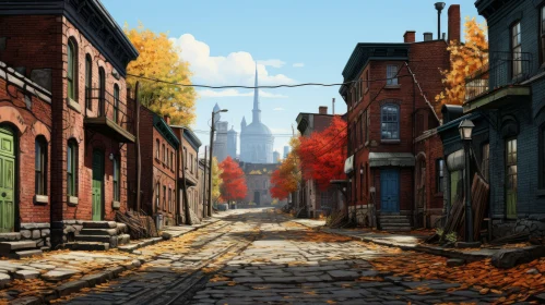 Autumn-Colored City Street in Cartoonish Realism and Manapunk Style