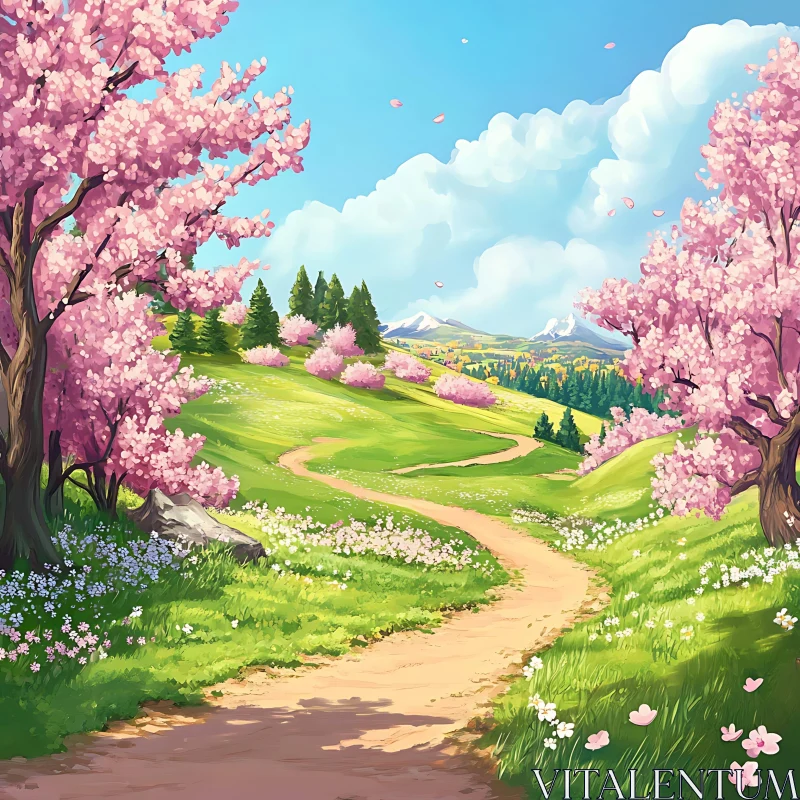 AI ART Spring Meadow Path with Cherry Blossoms