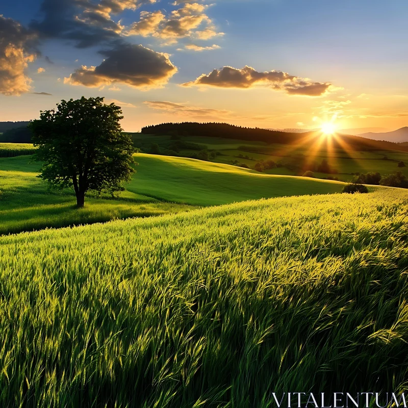 AI ART Tranquil Sunset Over a Green Field