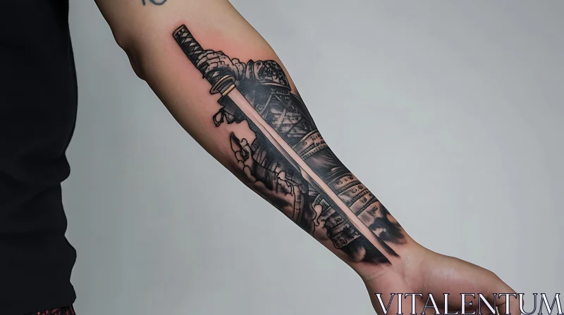 Intricate Samurai Tattoo with Sword on Forearm AI Image