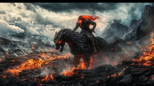 Warrior and Dragon in Fiery Landscape