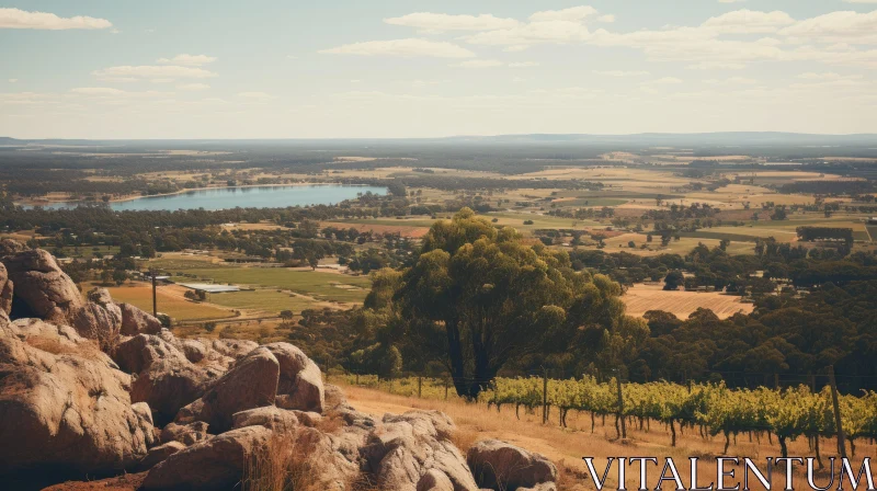 Captivating Vintage Landscape Photography: View from a Rock Overlooking a Vineyard AI Image