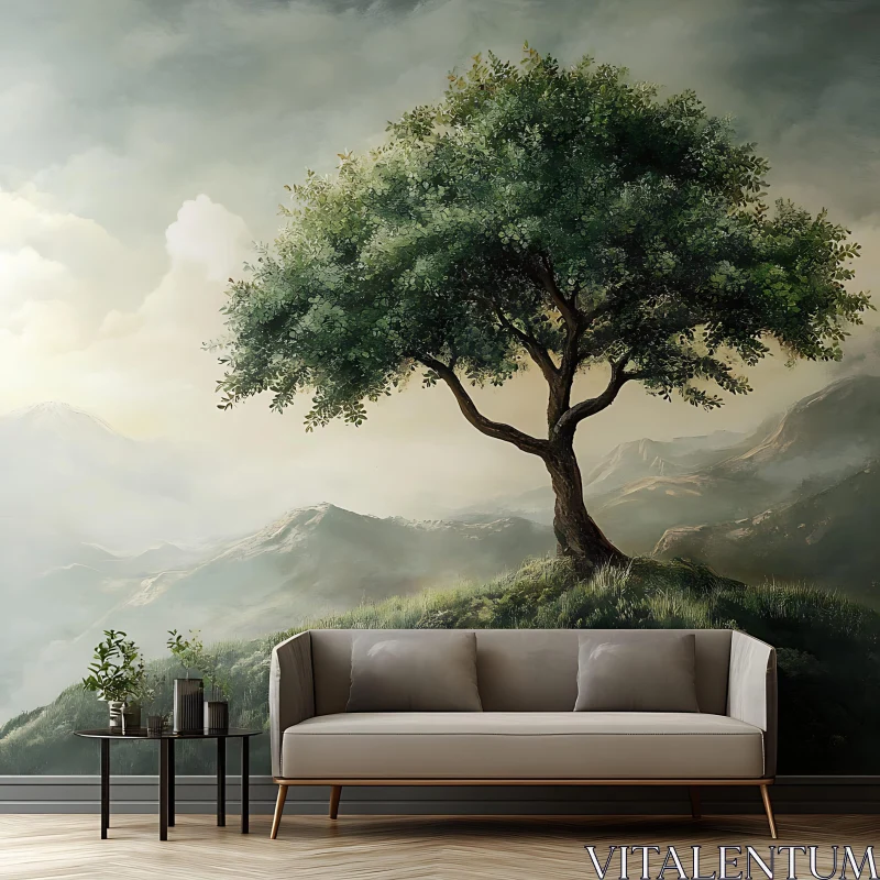 AI ART Misty Mountain Tree with Contemporary Couch