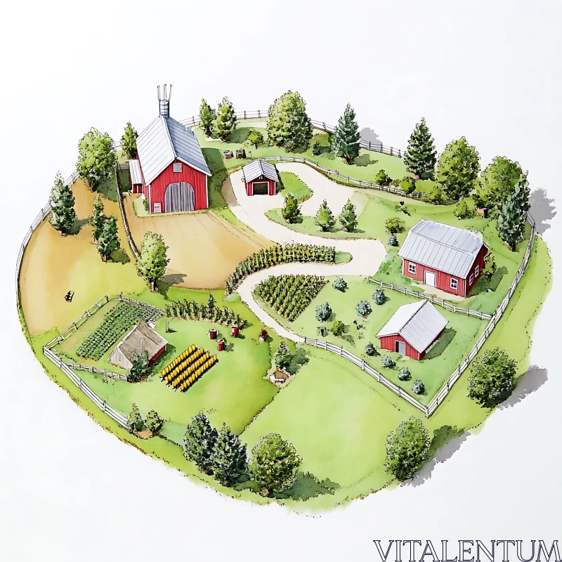 Aerial View of a Peaceful Farm AI Image