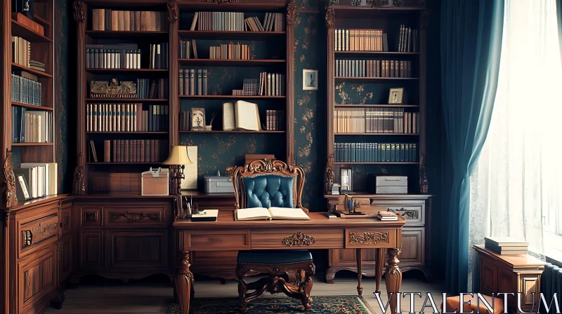 AI ART Vintage Library Interior with Wooden Desk