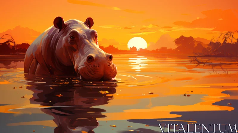 Expressive Sunset Landscape with Hippo - African Wildlife Art AI Image