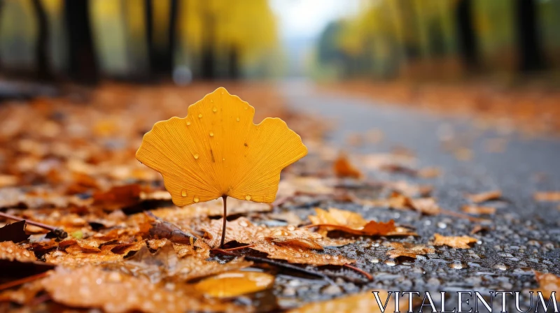 Golden Autumn Leaf on Norwegian Road AI Image