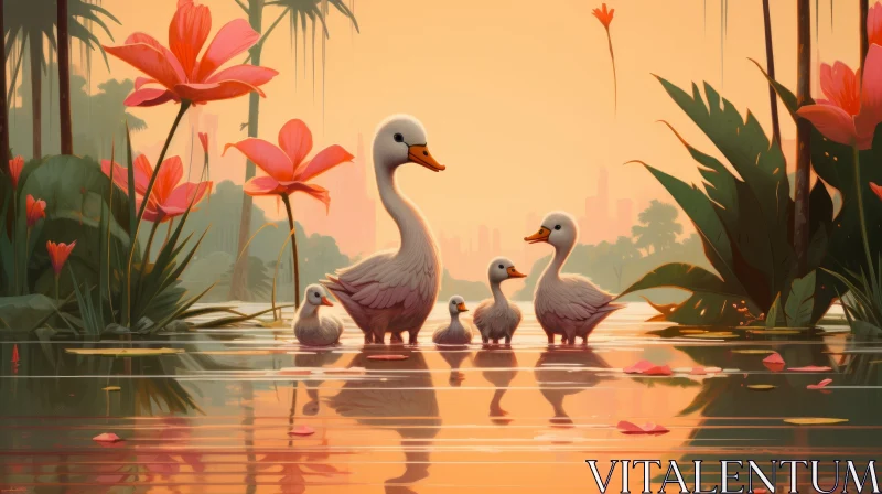 Illustrated Ducks Among Water Lilies in Atmospheric Cityscape AI Image