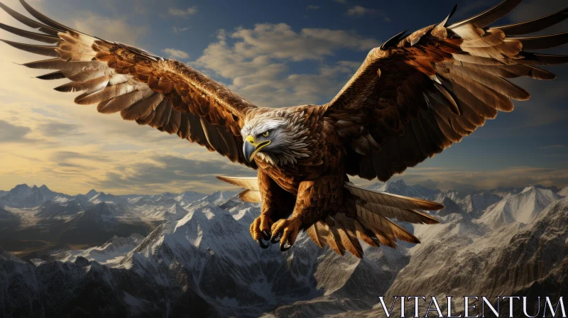 Majestic Eagle Soaring Over Snowy Mountain Peaks AI Image