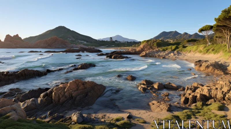 Mesmerizing Coastal Scenery: A Blend of Beach and Mountainous Vistas AI Image