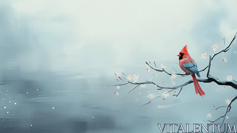 AI ART Misty Atmosphere with Red Bird on Cherry Blossom Branch