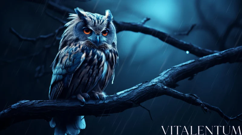 Rainy Night Owl Perched on Tree Branch - Fantasy-Themed Animal Art AI Image