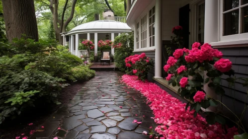 Romantic Pathway with Blooming Roses: A Tranquil Home Scene