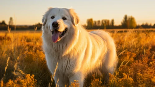 Sunset Portrait of a Majestic White Dog in a Field