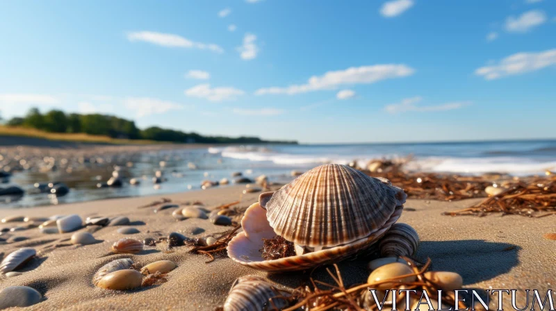 Tranquil Beach Scene with Shell - Seaside Serenity AI Image