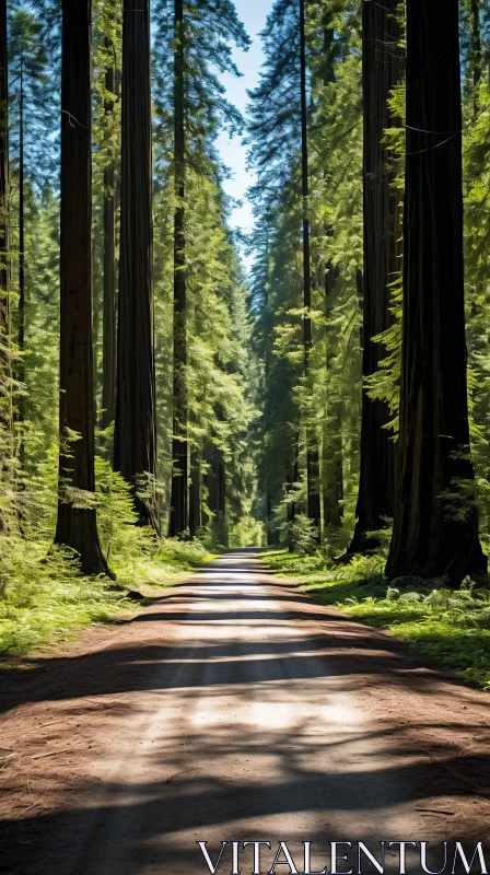 Tranquil Serenity: Captivating Forest Road Surrounded by Tall Trees AI Image