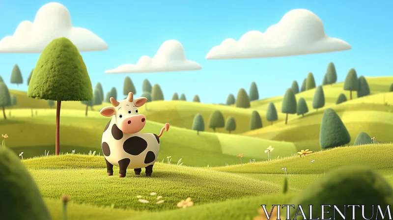 Cow in Cartoon Landscape AI Image