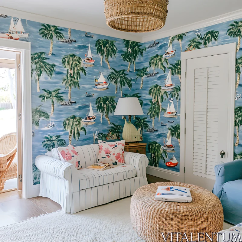 AI ART Nautical Themed Room with Palm Tree Wallpaper