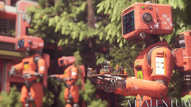 Orange Androids in Greenery AI Image