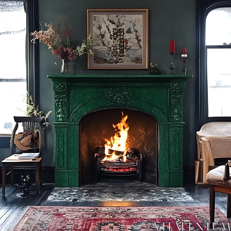 AI ART Cozy Room with Burning Fireplace and Vintage Decor