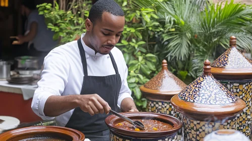 Moroccan Chef Cooking Traditional Tagine Dish