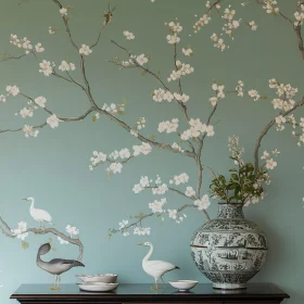 Tranquil Teal Blossom and Bird Scene