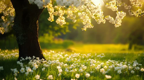 Spring Meadow with Flowers and Tree