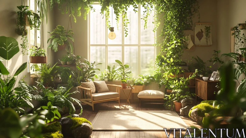 AI ART Sunlit Indoor Garden with Lush Plants