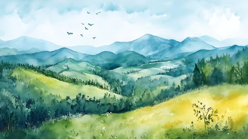 Peaceful Hills Watercolor Artwork