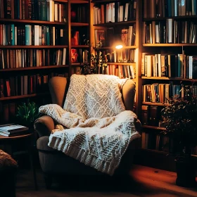 Warm Library Interior with Knitted Blanket