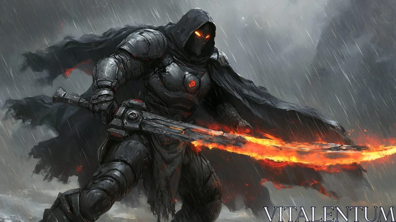 AI ART Dark Knight with Flaming Blade