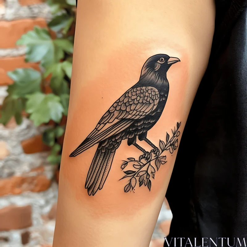 Detailed Bird Tattoo with Branch on Inner Arm AI Image