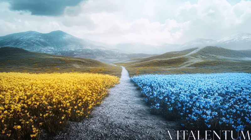 AI ART Floral Field Path to Mountains