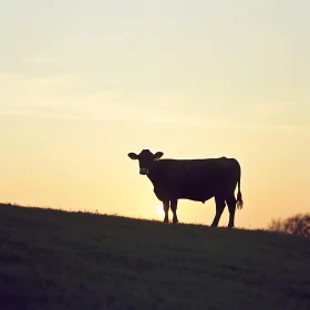 Sunset Cow Silhouette, Peaceful Field