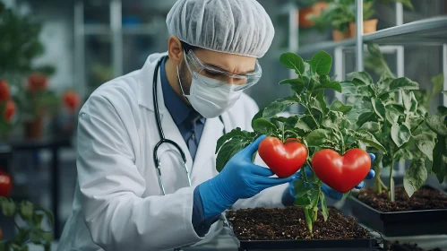 Scientist Inspecting Heart Shaped Tomatoes