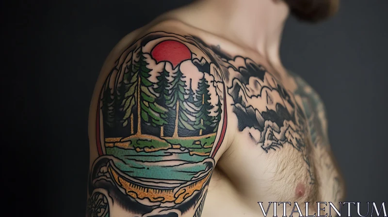 Colorful Nature Scene Tattoo on Upper Arm AI Image